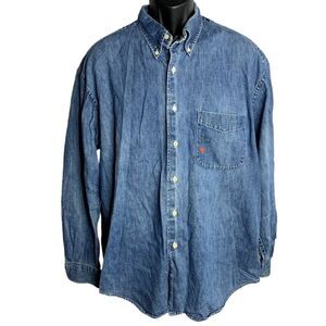 Vintage 80s Mens Denim Button Down Shirt L Blue Chambray Long Sleeve